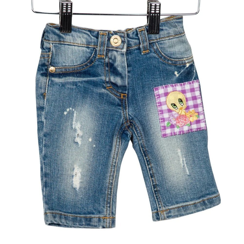 Monnalisa Tweety Bird Girls' Embroidered Distressed Jeans w/ Tags‎ Size: 3M